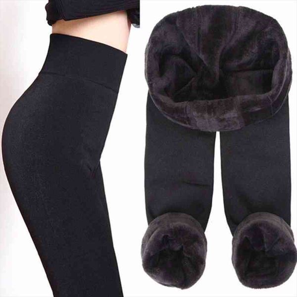 

solid thick winter velvet women legging high waist elastic push up polyester leggin skinny plus size, Black