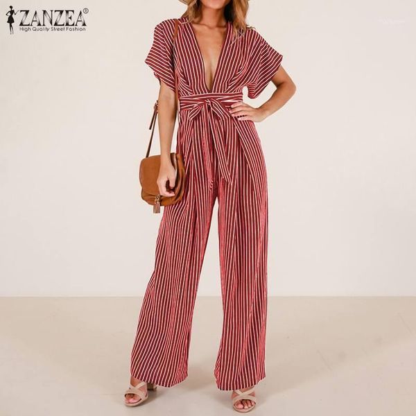

women's jumpsuits & rompers women's 2022 summer fashion striped v neck bandage long women short sleeve bohemian wide leg playsuits, Black;white