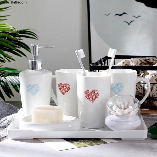 

heart print ceramic gargle cup soap dispenser toothbrush holder dish with pvc cotton swab box bathroom accessories set bath accessory