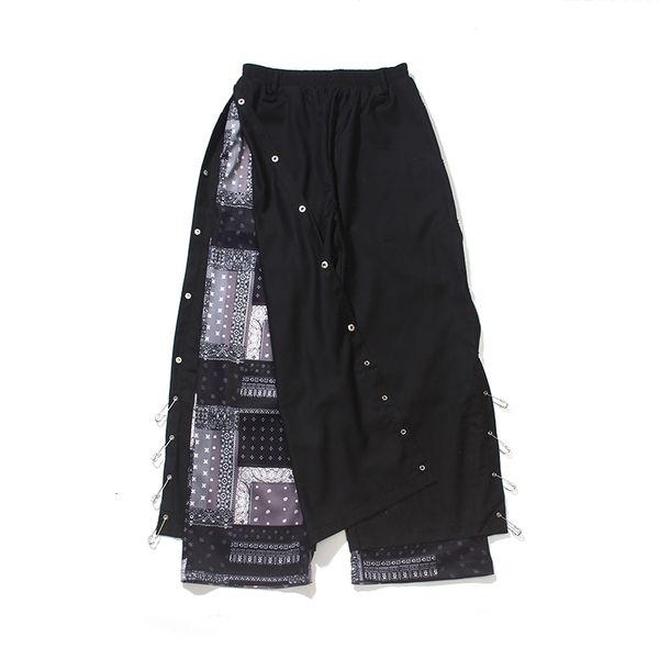 

high street flower breasted button pants men loose wide leg straight side pin slit casual baggy trousers, Black