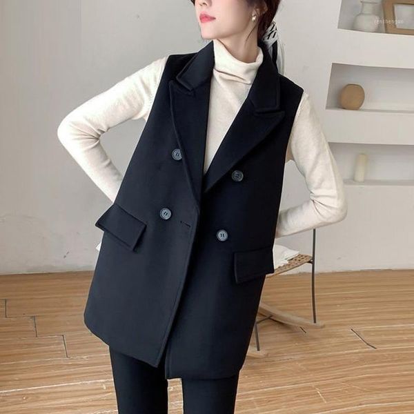 

women's vests casual turn-down collar blazers vest double breasted sleeveless waistcoat female classical coats autumn loose black, Black;white