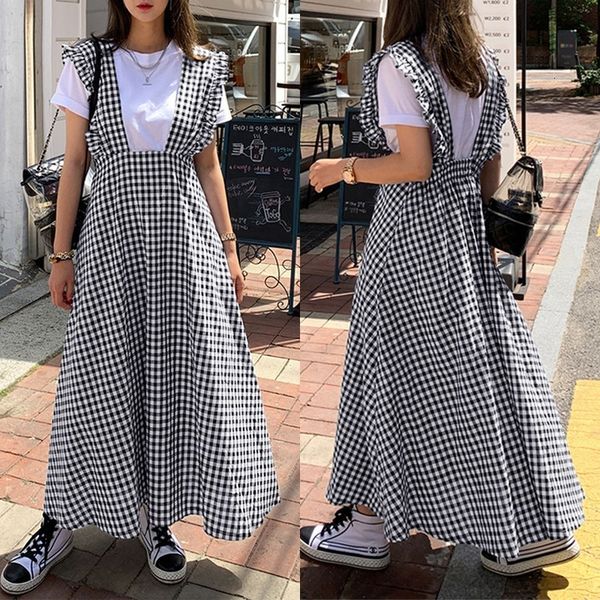 

casual dresses dresses elegant women's check sundress summer overall dress ruffle maxi vestidos female plaid robe plus s kam4, Black;gray