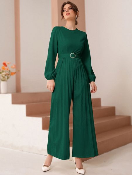 

lantern sleeve pleated wide leg buckled belted jumpsuit j3ka#, White