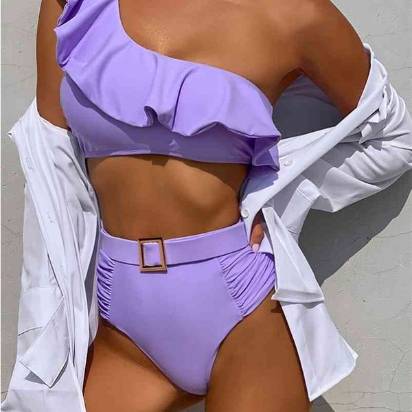 Sexy Bikini Um ombro Swimwear Swimwear Cintura Roxo Bandagem Roxo Ternos de Banho Ruffle Wear Biquini Feminino 210629