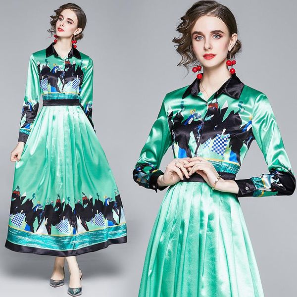 

simgent green dress elegant fashion women long sleeve turn down collar maxi print pleated dresses woman clothes vestido sg010081 casual, Black;gray