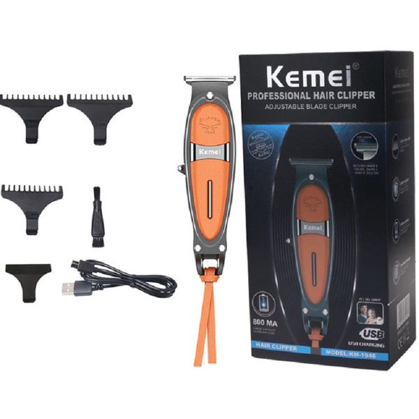 Kemei KM-1946 Profesyonel Saç Düzeltici Akülü Saç Kesici Metal Vücut Artı Deri Tasarım Saç Kesme USB Şarj