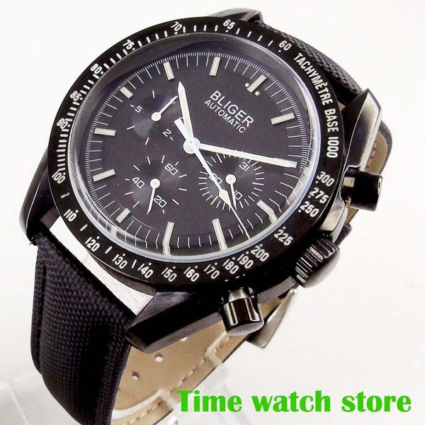 

40mm bliger multi-functional automatic clock for men date week display black scoreboard header leather band pvd coated case fully, Slivery;brown