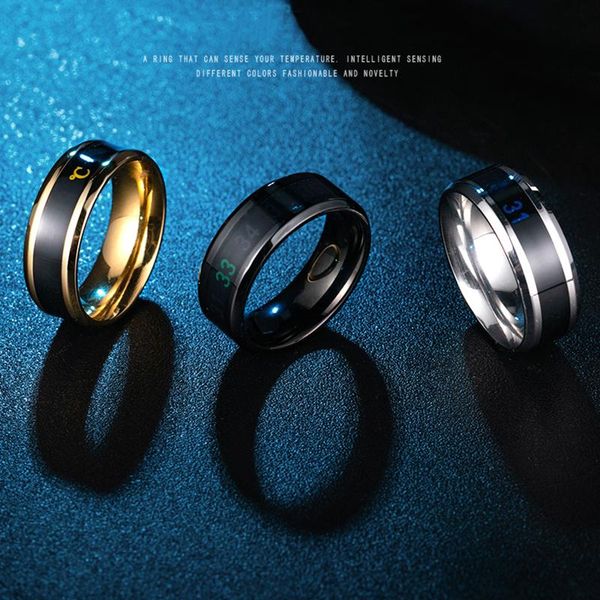 

cluster rings men's stainless steel simple creative wedding jewelry fashion intelligent thermometer temperature measuring ring for men, Golden;silver
