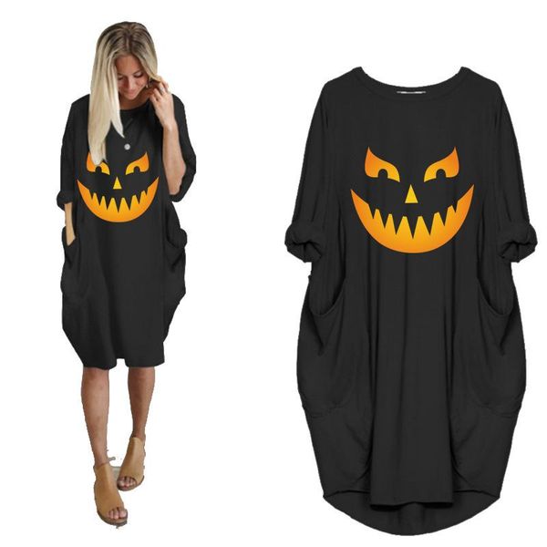

casual dresses women's midi dress long sleeve super mama print o neck loose pocket vintage vestidos robe femme halloween clothes, Black;gray