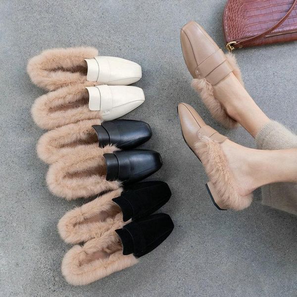 

slippers zawsthia genuine natural leather nude color casual comfortable womens winter warm furry slides shoes outside fur mules, Black