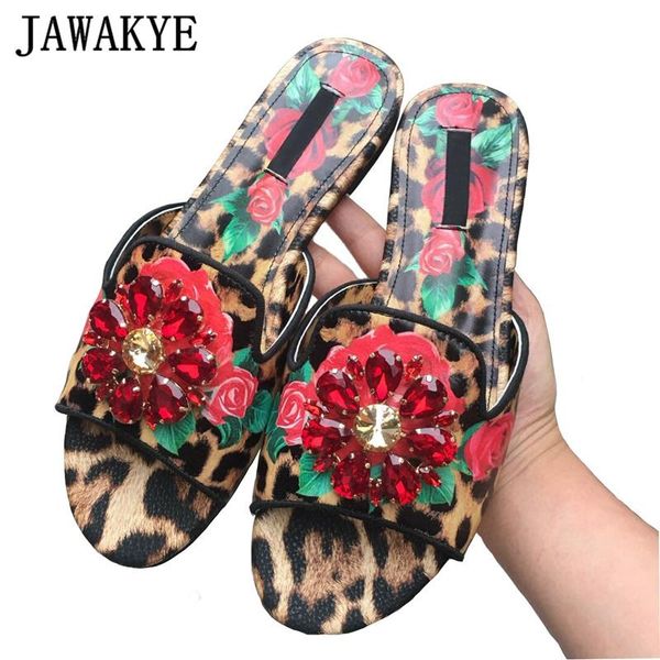 

slippers leopard print chunky heel women red rose rhinestones peep toe leather mules sandals summer beach party shoes woman, Black