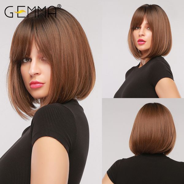 

synthetic short straight bob wigs with bangs for women girls natural ombre black brown false hair heat resistant fiber