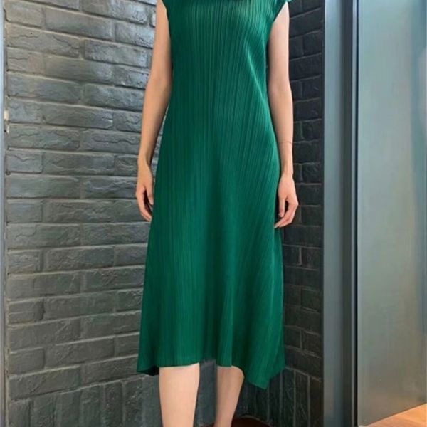 

dress miyake fold fashion solid sleeveless o-neck big a-line green, Black;gray