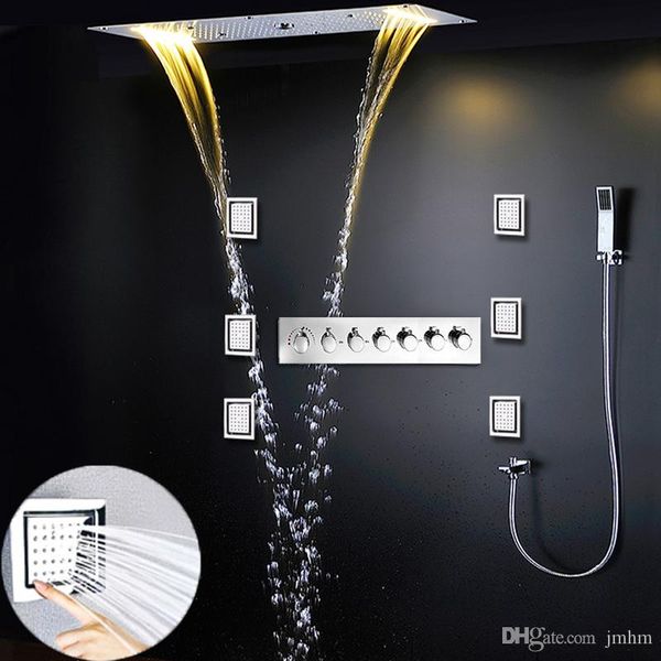 

700x380mm column shower set modern large rainfall concealed ceiling shower waterfall massage thermostatic 6 ways led bath system