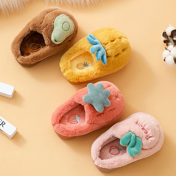 

winter kids slippers boy fruit strawberry pineapple girl shoes home warm indoor non-slip baby slipper, Black;grey
