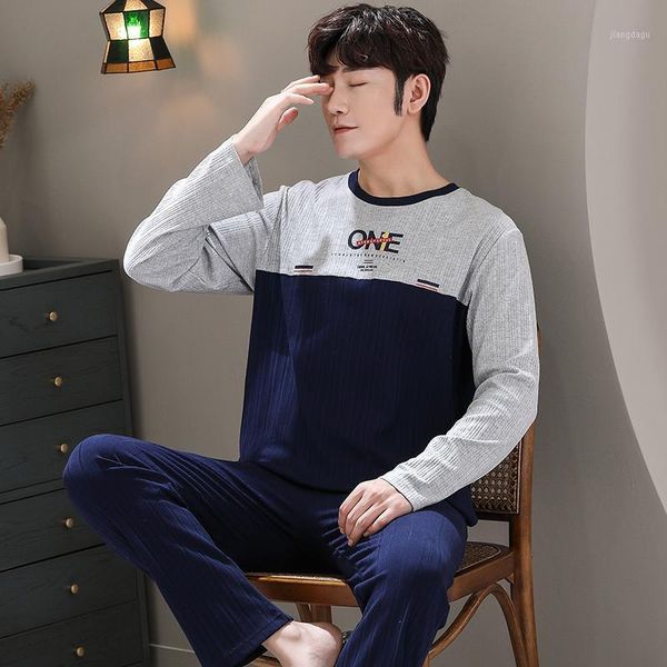 

men's sleepwear cotton long sleeve pajamas set for men fashion autumn winter letter patchwork male casual oversized navy blue homewaer, Black;brown