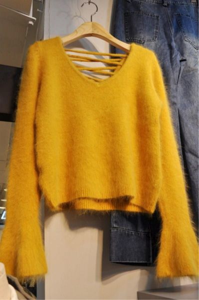 

women's sweaters slouchy loose v-neck pullover with backless tie knit sweater for women, White;black