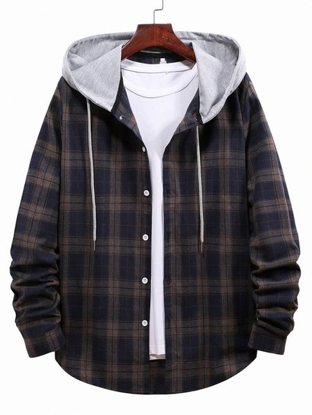 

men plaid button through hooded coat f7xh#, Black;brown