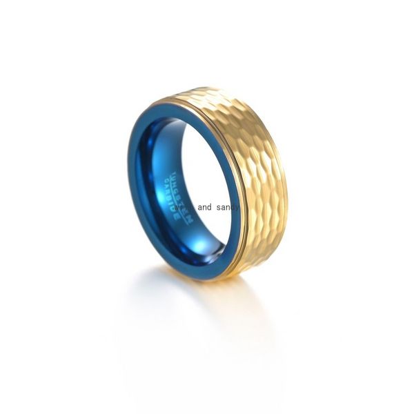 8mm azul ouro de dois tomes tungstênio anel de aço faixa dedo homens áspero hip hop punk anéis de carboneto de moda jóias presente e arenoso