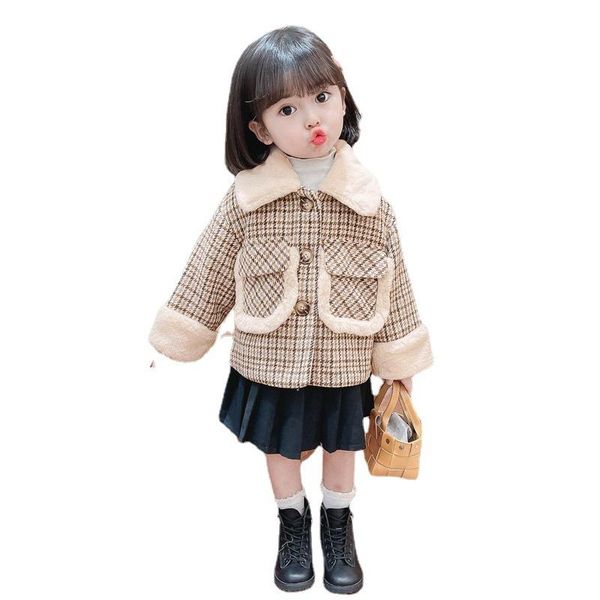 

jackets girls' little fragrance jacket autumn and winter clothes foreign style children's baby girl plus velvet plaid coat trend, Blue;gray