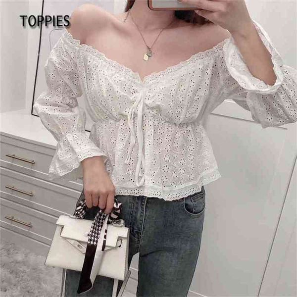 

summer hollow out blouses vacation beach white black flare sleeve 210421