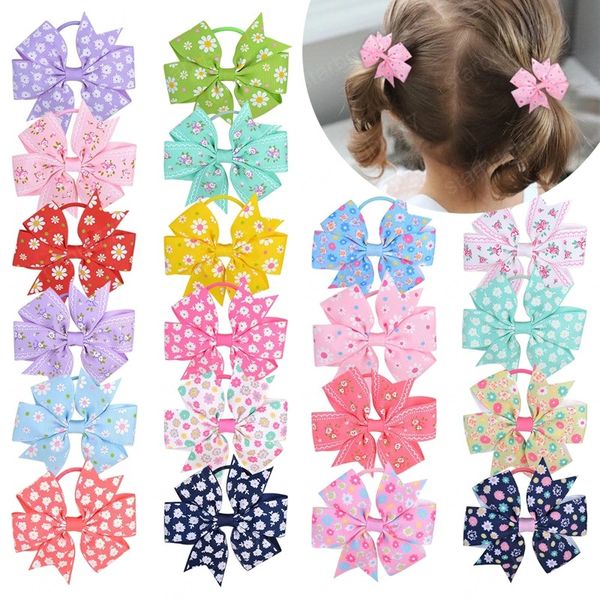 

flower printed bow girls elastic hair bands ponytail holder rubber band hair ropes boutique headwear kids hair accessories, Slivery;white