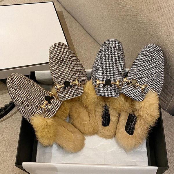

fall shoes women winter metal buckle fur wool slippe for slippers, Black