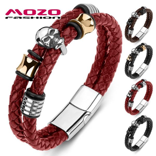 

link, chain mozo fashion 2021 men bracelet braided leather rope stainless steel skull punk bangle skeleton jewelry gifts 186, Black