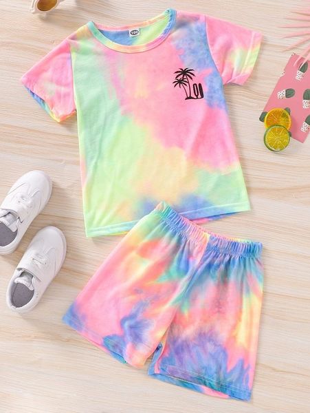 

toddler boys coconut tree print tie dye tee & shorts she, White