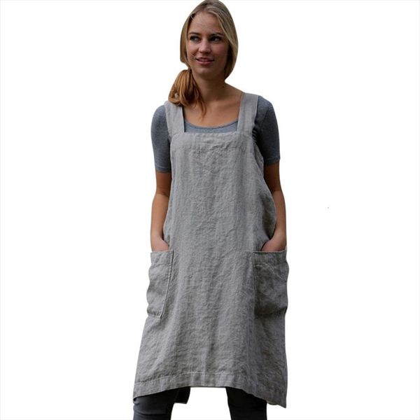 

cotton linen pinafore square womens dresses cross apron garden work, Black;gray