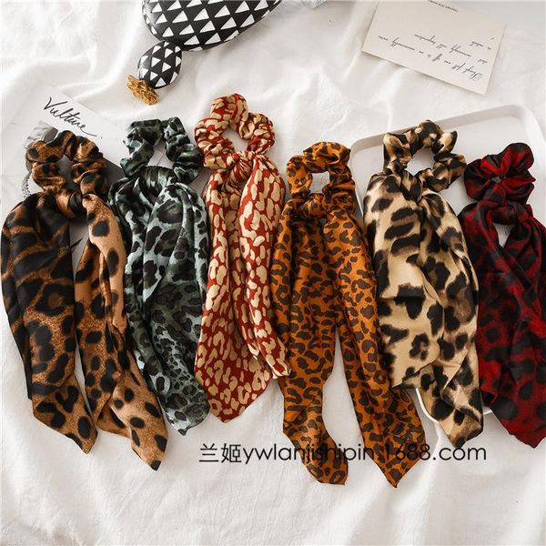 

women floral leopard scrunchies hair scarf elastic boho streamers bow hair rope ties scrunchie ponytail holder for accessories, Slivery;white