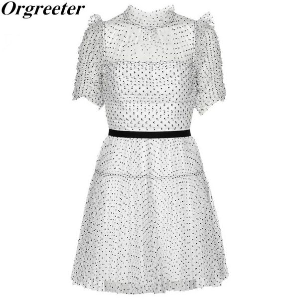 

summer polka dot white mesh dress women see-through short sleeve high waist a-line beach dresses vestidos 210602