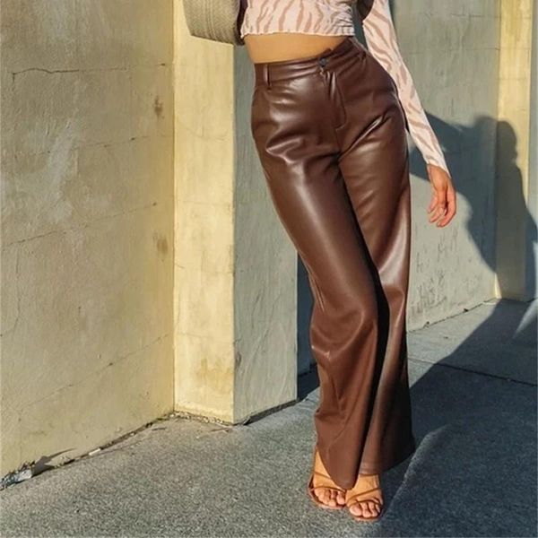 

maternity bottoms brown pu leather pants for women high waist solid pocket women's 2021 autumn winter fashion trousers female, White