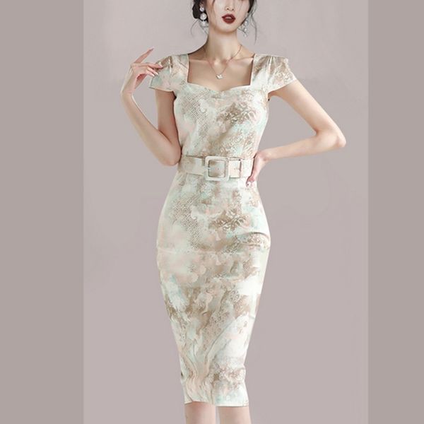 

vintage elegant print pencil dress women's summer fashion office ol square collar bodycon slim waist party dresses vestidos 210518, Black;gray