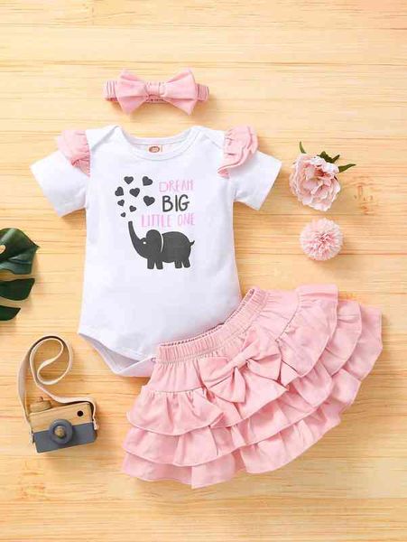 

baby girl slogan & elephant print bodysuit & bow skirt with headband she, Blue
