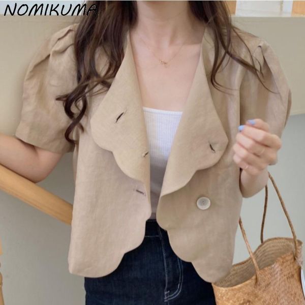 

women's blouses & shirts nomikuma short cotton linen blouse coat 2021 summer thin woman shirt causal chic wave single breaste puff slee, White