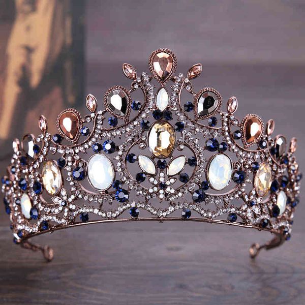 

wedding hair jewelry accessories elegant blue diamond inlaid bride crown headdress studio shooting cooperation, Slivery;golden