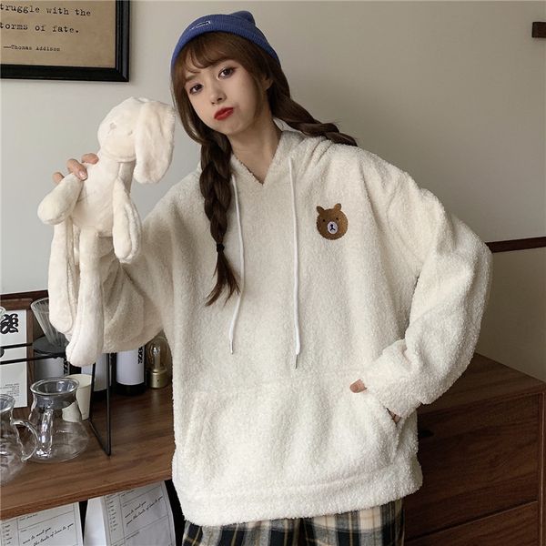 

2021 new autumn and winter lamb cashmere 300g embroidered bear hoodie women's thick top, Blue;black