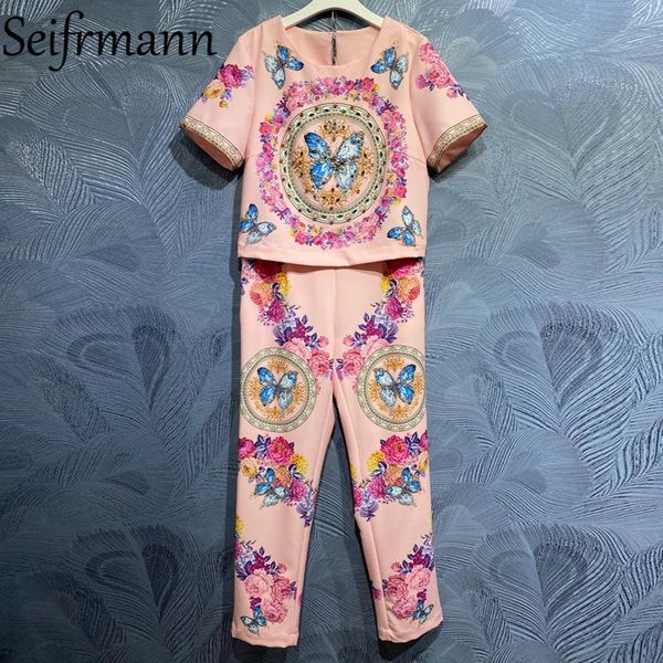

women's two piece pants seifrmann 2021 summer women fashion designerÂ pants 2 piecesÂ set short sleeve tshirts+high waist floral print lo, White