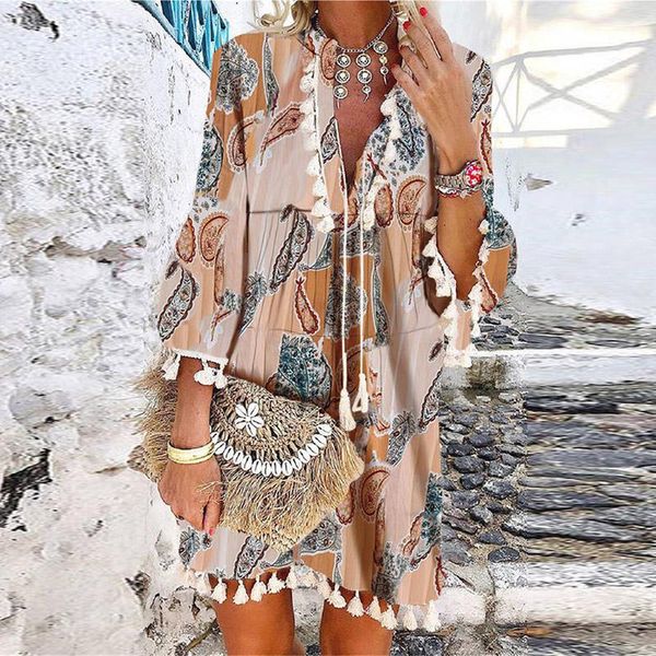 

casual dresses summer tassel design lady party dress fashion deep v neck 3/4 sleeve loose mini vintage boho beach female, Black;gray