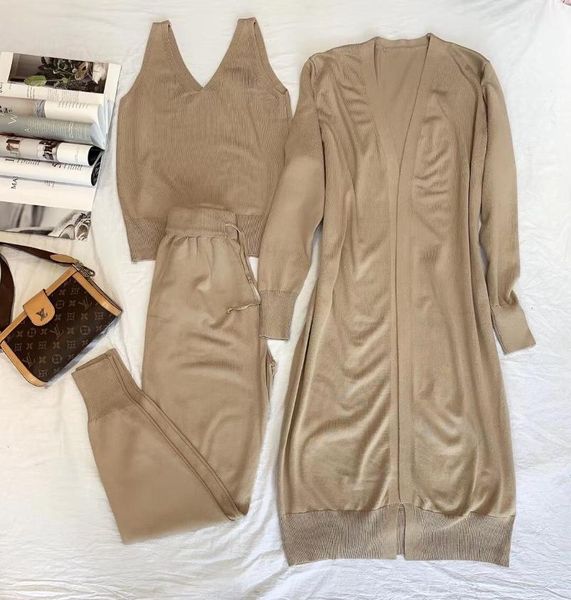 

women's two piece pants amolapha women knitted long cardigans jacket+ camisole + pant trousers 3pcs sets outfits knit vests coat tracks, White