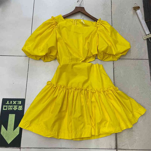 

women yellow hollow out pleated mini dress round neck short flare sleeve loose fashion spring summer 2f0584 210510, Black;gray