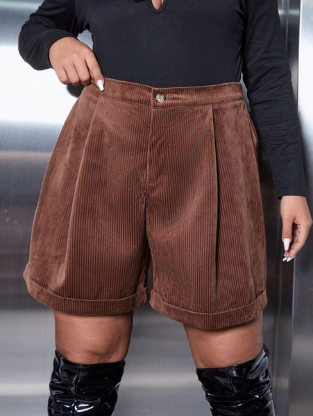 

plus high waist fold pleated corduroy shorts e0ug#, Black