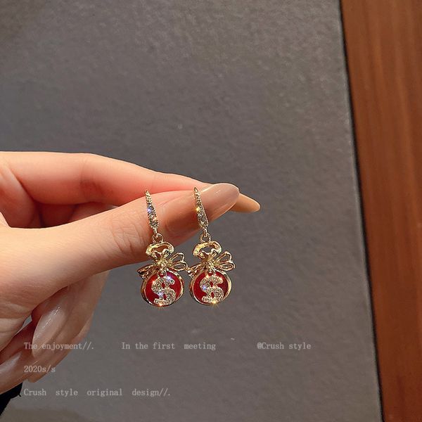 

cat's eye stone flash diamond purse bow earhook designer east gate temperament earrings fashion net red court style earrings, Silver