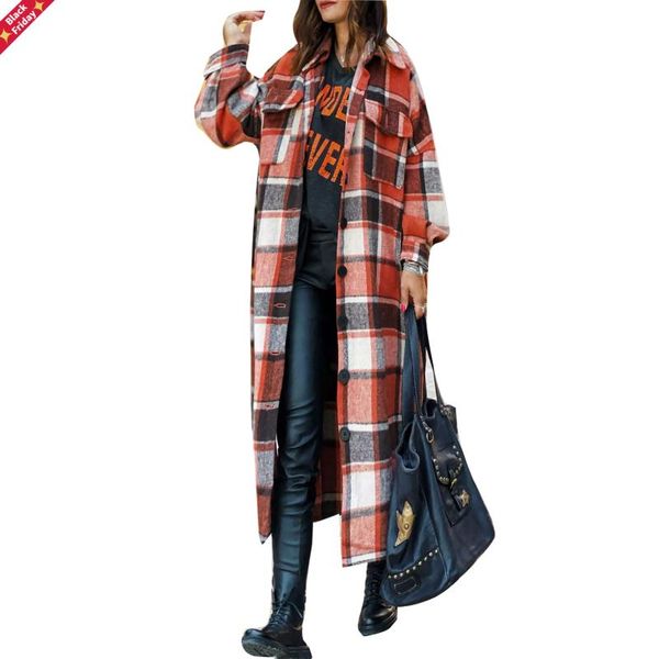

women's jackets 2021 style female overcoat autumn long shirts plaid turn-down collar sleeve woolen coat for women, Black;brown