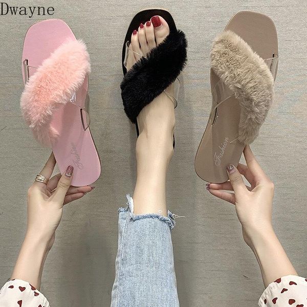 

slippers 2021 autumn furry women fashion korean fur cross flat outer shoes, Black