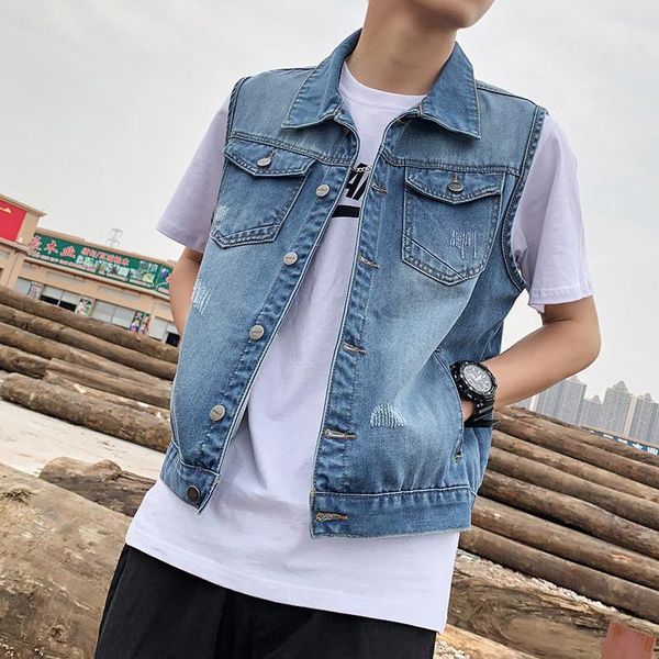 

wholesale 2021 denim vest men's spring and autumn trend casual korean style handsome loose sleeveless hole brand men vests, Black;white