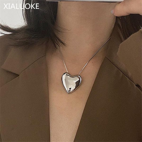 

pendant necklaces xialuoke retro metal geometry stereo heart short necklace for women trendy contracted temperament clavicle jewelry, Silver