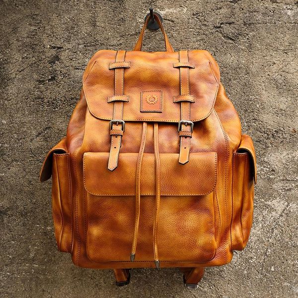 

backpack mens cow leather large capacity handmade retro travel bag genuine brown daily