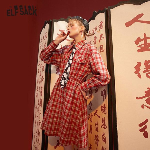 

casual dresses elfsack plaid british tie front korean preppy dress women,2021 autumn elf vintage full sleeve female daily, Black;gray